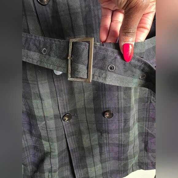 Zara Waxed Blue Green High Neck Belted Plaid Trench Coat British Millerain Sz M - Picture 2 of 16